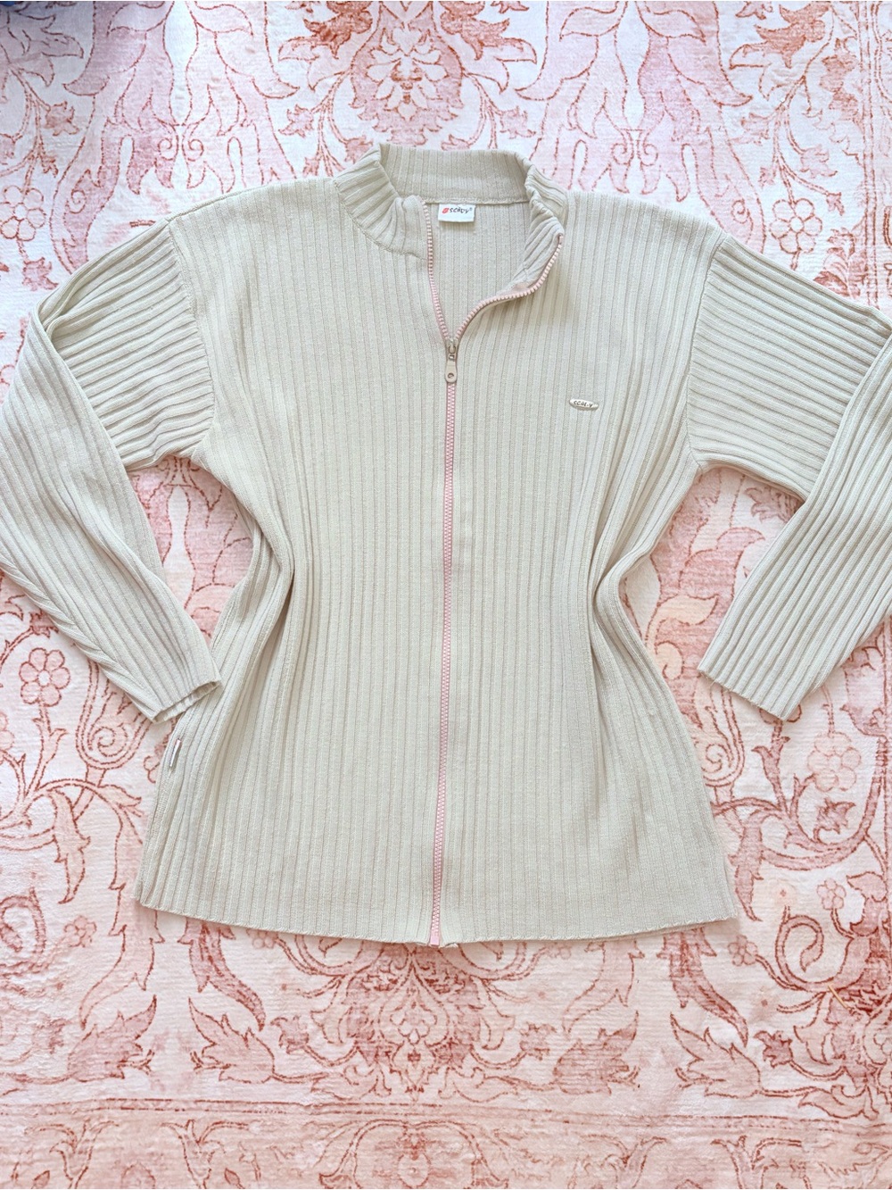 Zip-Front Ribbed Hoodie in Cream by